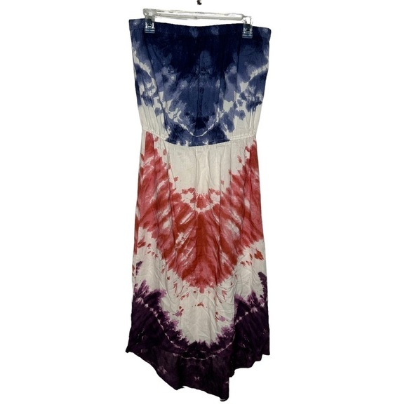 Angie Women's Tie Dye Red and Blue Strapless Long Maxi Dress - Picture 5 of 14
